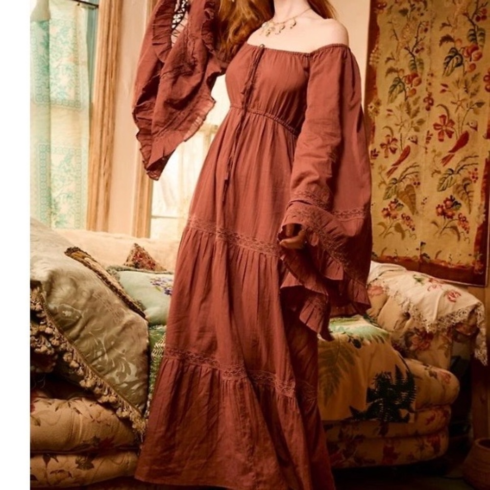 EARTHBOUND Off-Shoulder Brown Peasant Maxi Dress Bohemian Renaissance Festival